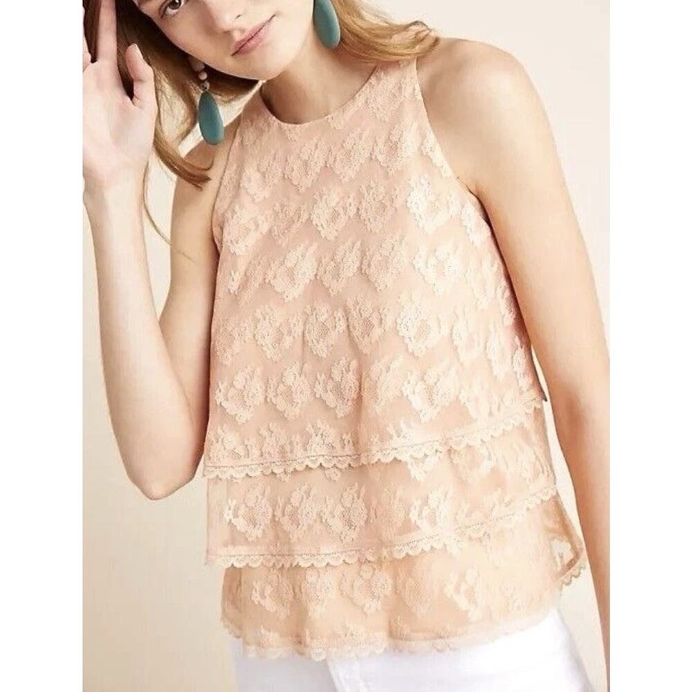Anthropologie Women’s US‎ 10 Tiered Lace Blouse Top Peach Sleeveless Ruffle